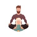 A man with an adorable baby girl are sitting and doing yoga. Isolated. Cartoon style. Royalty Free Stock Photo