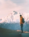 Man adventurer alone enjoying sunset mountains view Royalty Free Stock Photo