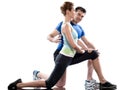 Man aerobic trainer positioning woman Workout