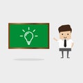 Man against the blackboard with drawn light bulb. Cartoon vector flat-style concept illustration Royalty Free Stock Photo