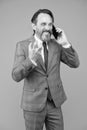 Man aggressive man talking mobile phone, revenge concept Royalty Free Stock Photo