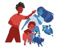 Man Aggressor Beating Woman Victim with Hand and Kid Pulling Cat Tail Vector Illustration