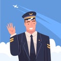 Man Aircraft Pilot or Aviator in Cap and Uniform Smiling and Waving Hand Vector Illustration