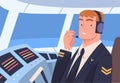 Man Aircraft Pilot or Aviator Sitting Inside Airplane Cabin at Control Panel Vector Illustration Royalty Free Stock Photo