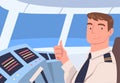 Man Aircraft Pilot or Aviator Sitting Inside Airplane Cabin at Control Panel Vector Illustration Royalty Free Stock Photo