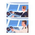 Man Aircraft Pilot or Aviator Sitting Inside Airplane Cabin at Control Panel Vector Set Royalty Free Stock Photo