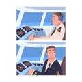 Man Aircraft Pilot or Aviator Sitting Inside Airplane Cabin at Control Panel Vector Set Royalty Free Stock Photo