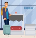 Man in airport. Traveler men with suitcase at airport. Vector cartoon tourist with bag and phone on vacation trips Royalty Free Stock Photo