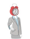 A man with an alarm clock on his head stretches out his hand. business relationship. vector illustration. Royalty Free Stock Photo