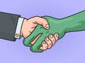 man and alien handshake pop art raster hand drawn Royalty Free Stock Photo