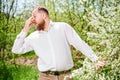 Man allergic suffering from seasonal allergy at spring in blossoming garden, sneezing. Royalty Free Stock Photo