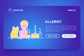 Man with allergy and thin line icons around: cat, dust, edema, pill. Modern vector illustration, web page template on gradient