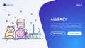 Man with allergy and thin line icons around: cat, dust, edema, pill. Modern vector illustration, web page template on gradient