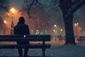 Man alone on a bench on a snowy night