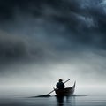 Man alone in a boat in the middle of the ocean with a storm coming Royalty Free Stock Photo