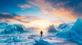 Man alone traveler walk on the melting glaciers with a beautiful arctic landscape