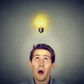 Man with amazed face expression light bulb over head Royalty Free Stock Photo