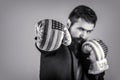 Man american boxings gloves, business winner. Boxing man USA. Businessman in Boxing gloves. Ready to business battle Royalty Free Stock Photo