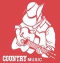Man in american cowboy hat playing acoustic guitar. Vector country music poster graphic illustration with text