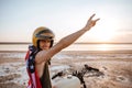 Man in american flag cape with hands up in air Royalty Free Stock Photo