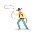 Man in American traditional costume with lasso western cartoon character vector Illustration