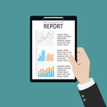 Man with analyzes report, paper document with graphs and diagrams. Research, planning, analysis