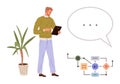 Man Analyzing AI Flowchart on Tablet with Speech Bubble and Plant Nearby Royalty Free Stock Photo