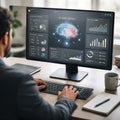 Man Analyzing Brain Neural Network Data on Screen, AI Generated Image Royalty Free Stock Photo