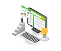 Man analyzing computer data in flat isometric illustration design