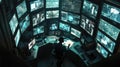Man analyzing data in dark high-tech control room with multiple screens and computers displaying complex information networks