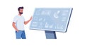 Man Analyzing Data on Large Digital Screen with Charts and Graphs Vector Illustration Royalty Free Stock Photo