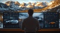 Man analyzing data on multiple screens with mountains in the background Royalty Free Stock Photo