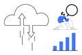 Man Analyzing Data Trends with Magnifying Glass beside Cloud Sync Arrows and Bar Chart Royalty Free Stock Photo