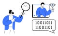 Man analyzing digital content using magnifying glass with focus on trophy in video frame and binary code banner Royalty Free Stock Photo