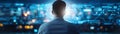 Man analyzing digital data on futuristic interface