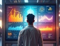 Man Analyzing Digital Data on Large Screen with Charts and Graphs Royalty Free Stock Photo