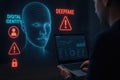 Man analyzing digital identity and deepfake threat on futuristic interface with laptop artificial intelligence Royalty Free Stock Photo