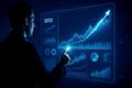 Man analyzing predictive analytics data on a futuristic digital screen with charts and graphs data analysis Royalty Free Stock Photo