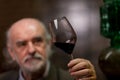 Man analyzing the red wine by sight, smell and taste