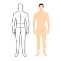 Man anatomy silhouette size. Human body full measure male figure waist, chest chart template