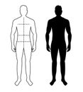 Man anatomy silhouette size. Human body full measure male figure waist, chest chart template Royalty Free Stock Photo