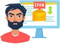 Man with angry face near envelope with spam on monitor. E-mail protection, anti-malware software
