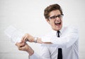 Man, angry and shouting with keyboard, boss and portrait to employee for work, report or job. Frustrated, employer and Royalty Free Stock Photo