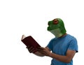 Man with an animal mask of a frog on his head enjoying reading a book on a white background
