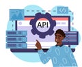 Man with api system. Programmer works on program and app. Coder writes code. Application programming interface. IT specialist Royalty Free Stock Photo