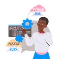 Man App Dev Professional Developing and Coding Software Application for Mobile Device Vector Illustration Royalty Free Stock Photo