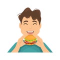 A man with appetite eats hamburger hands. Vector illustration of fast food. Junk food