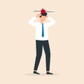 Man with apple on his head and arrow shot through. Business risk concept