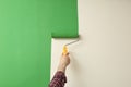 Man applying green paint with roller brush on white wall, closeup Royalty Free Stock Photo