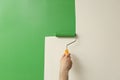 Man applying green paint with roller brush on white wall, closeup Royalty Free Stock Photo